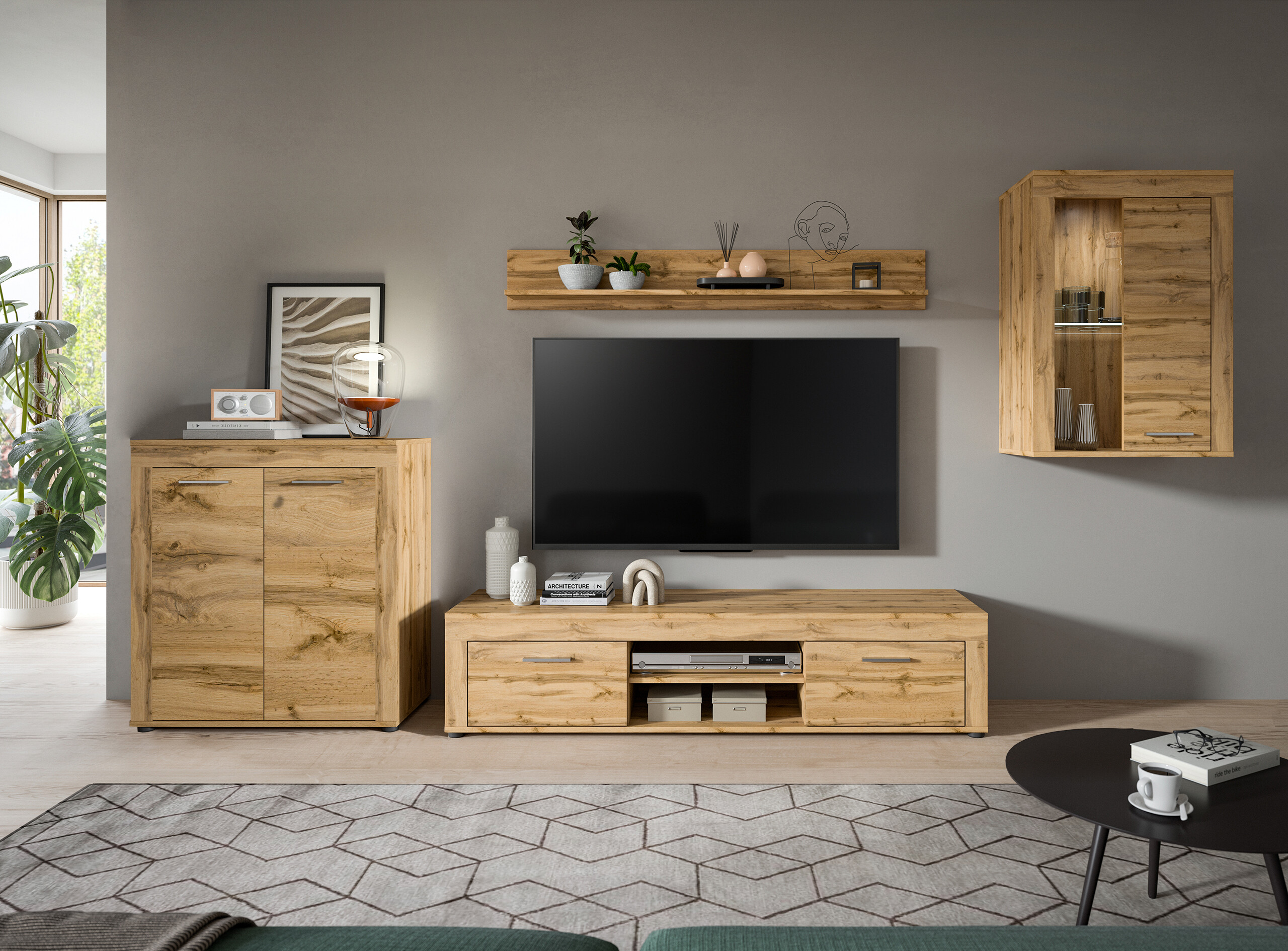 Wohnwand Jam Eiche Wotan Nachbildung B/H/T: ca. 330x169x35 cm Wohnwand Jam Eiche Wotan Nachbildung B/H/T: ca. 330x169x35 cm