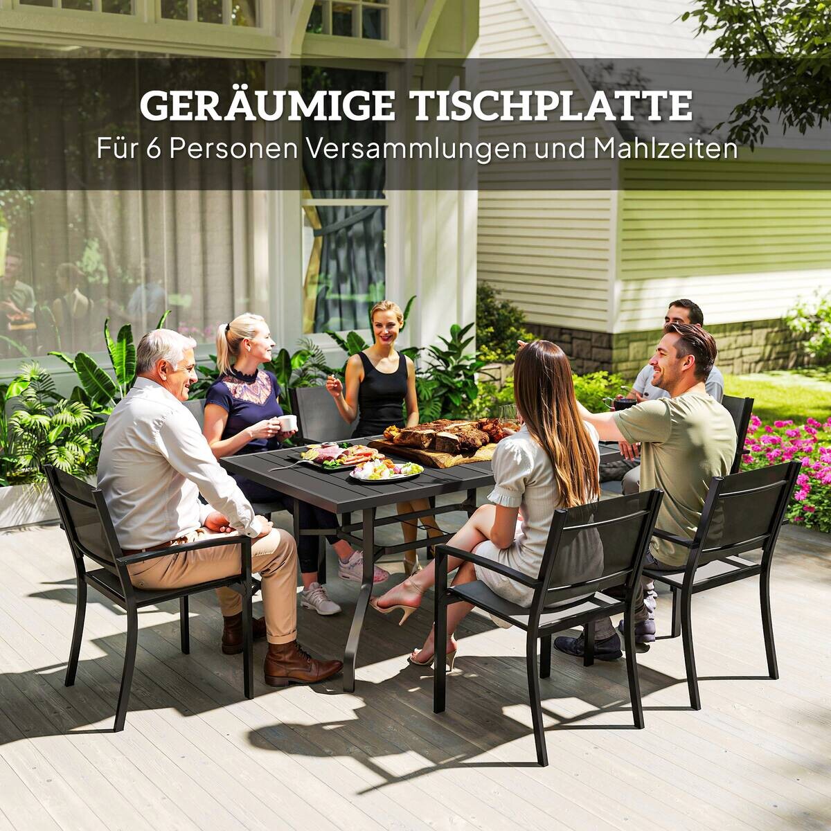 Outsunny Gartentisch schwarz Stahl B/H/L: ca. 90x74x152 cm