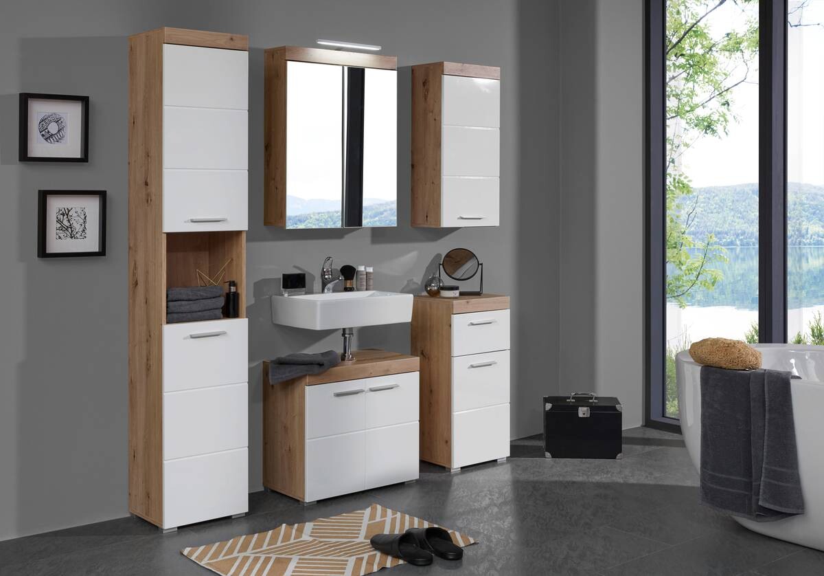 Stauraumelement Amanda weiß Hochglanz Asteiche Nachbildung B/H/T: ca. 37x79x31 cm