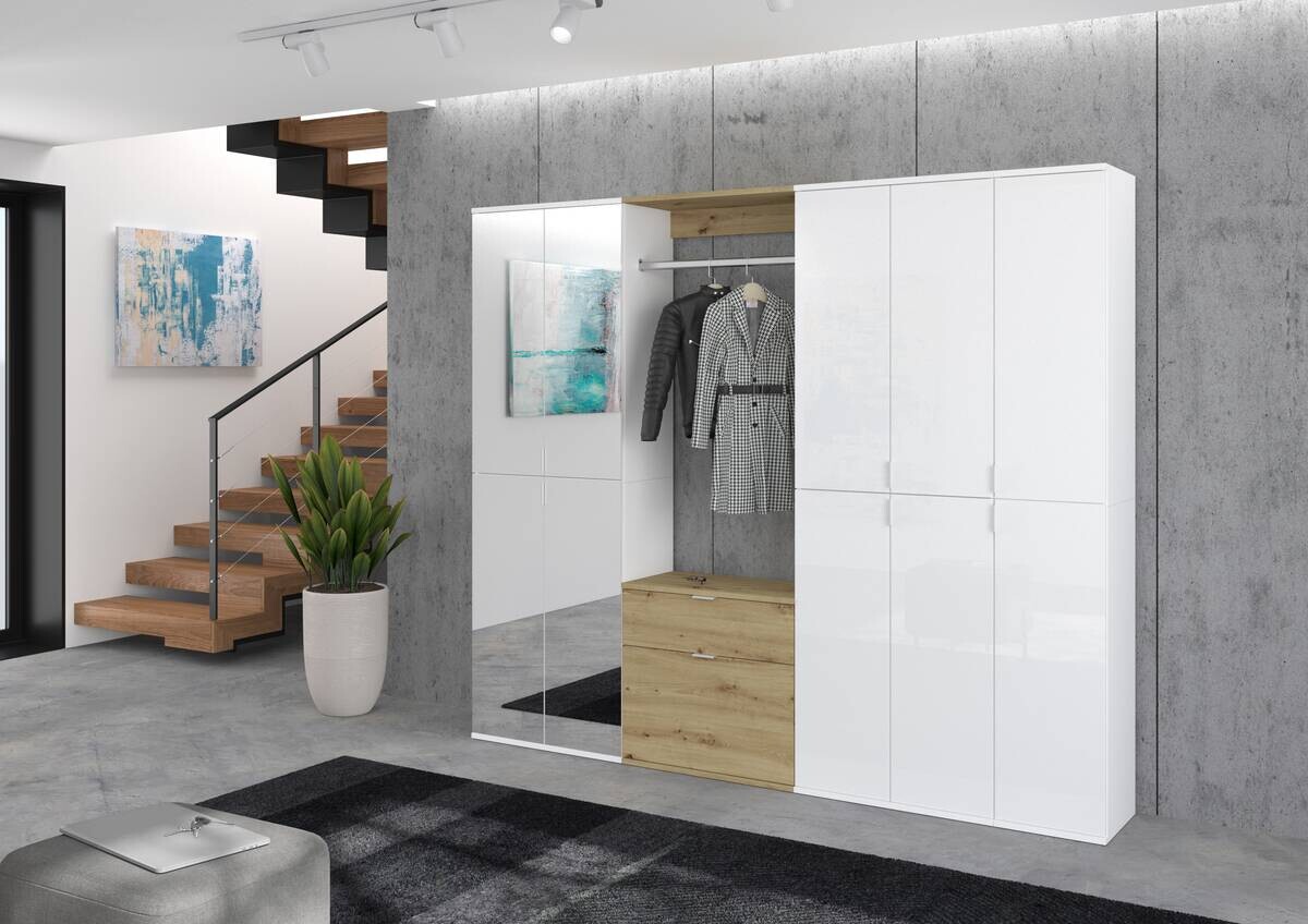 Garderobe PROJEKT Eiche Artisan Nachbildung weiß Hochglanz Spiegel B/H/T: ca. 213x193x34 cm