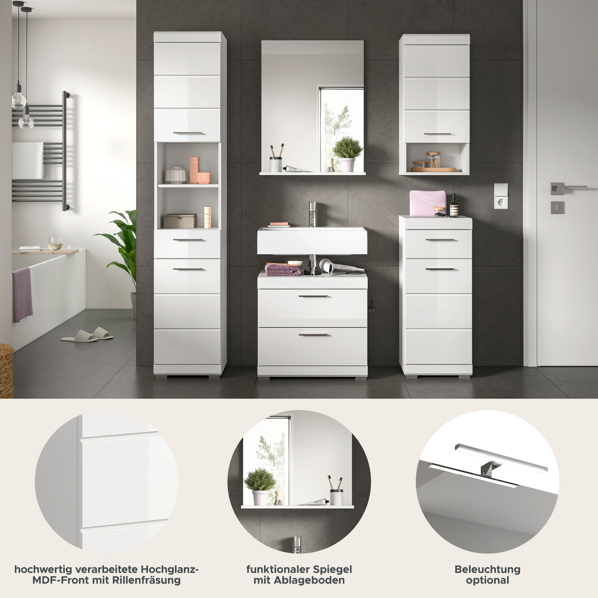 Badezimmer-Set Scout weiß weiß Hochglanz B/H/T: ca. 164x191x34 cm