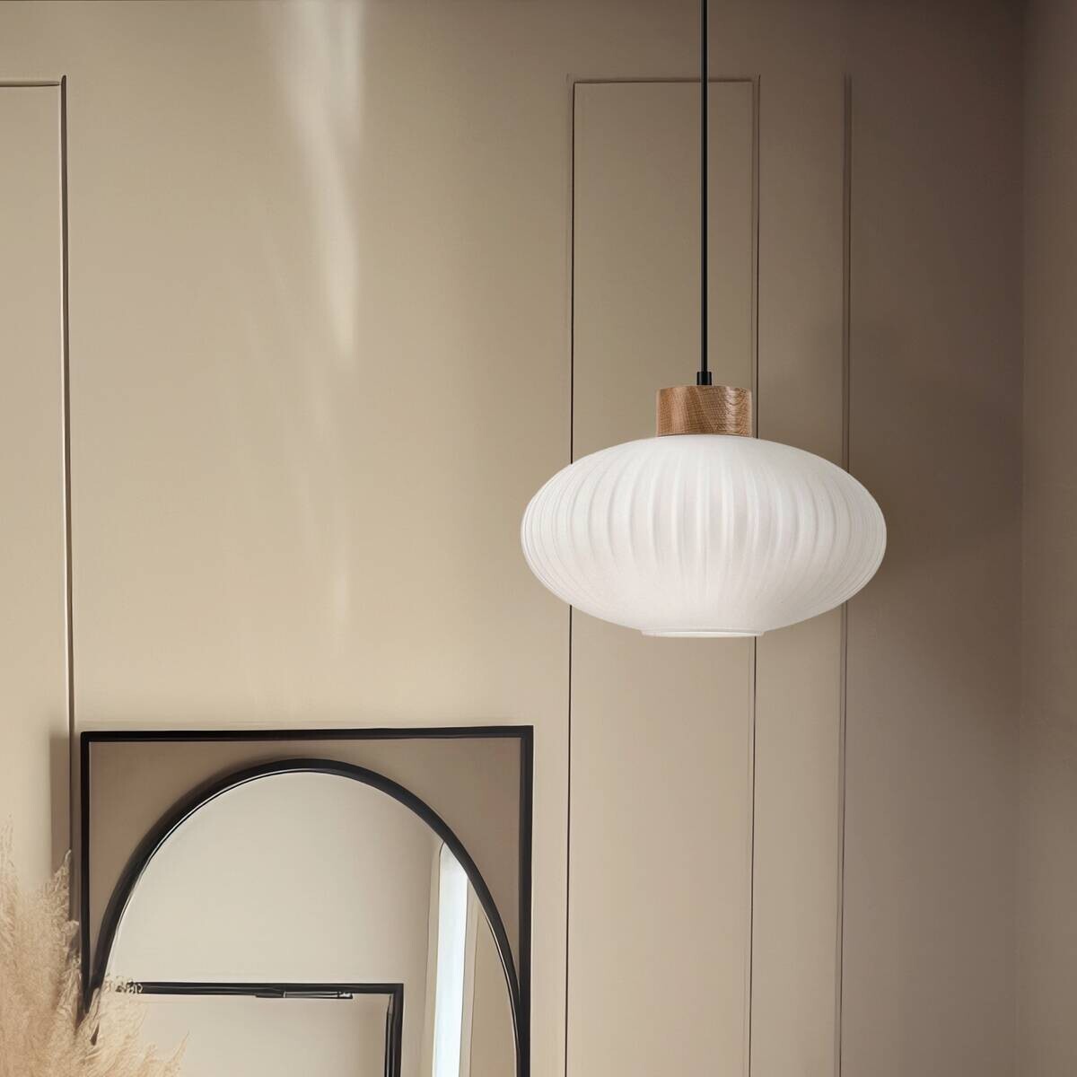 Lamkur Hängeleuchte Harmony Eiche weiß Glas Holz B/H/L: ca. 30x102x30 cm 1.0 Brennstellen