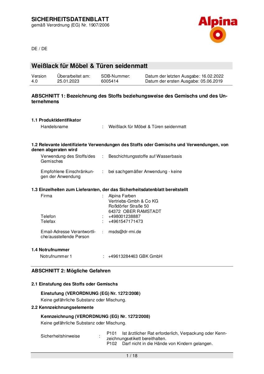 Alpina Weißlack für Möbel & Türen weiß seidenmatt ca. 2 l