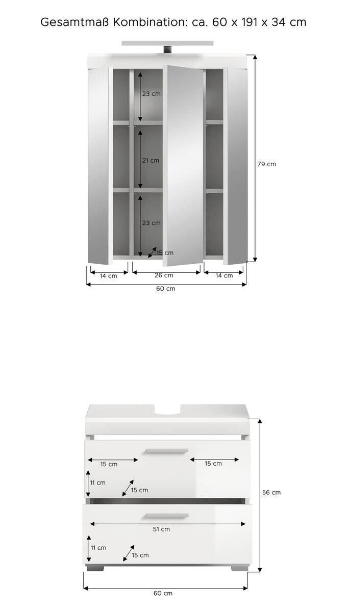 Badezimmer-Set Scout weiß weiß Hochglanz B/H/T: ca. 60x191x37 cm