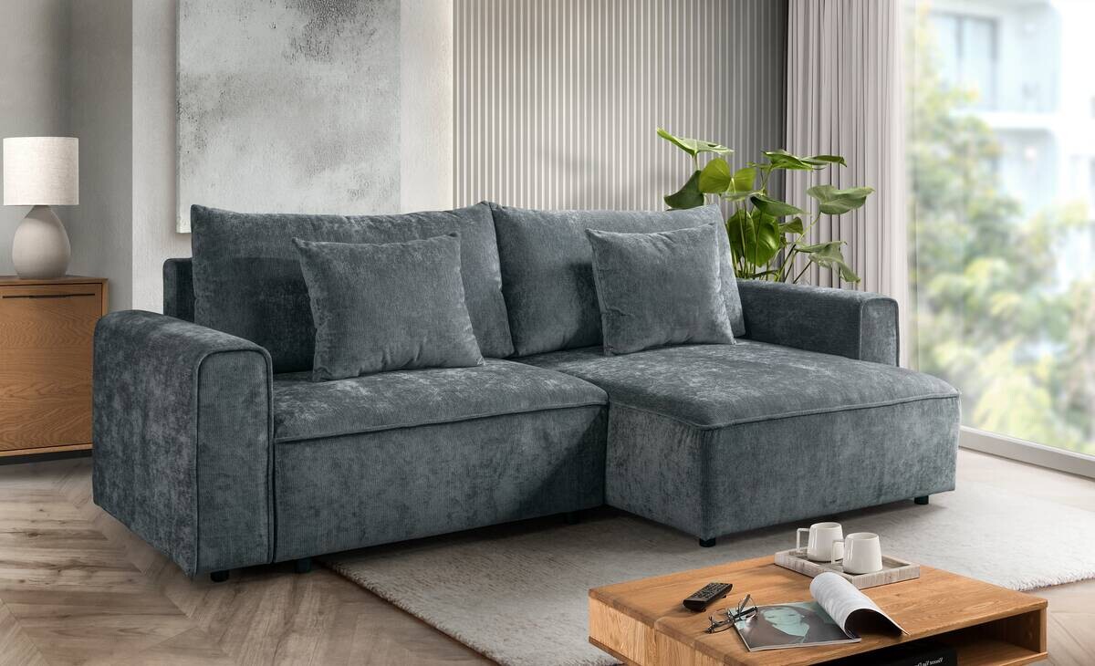 Ecksofa mit Bettfunktion und Bettkasten dunkelgrau Microfaser B/T: ca. 269x147 cm