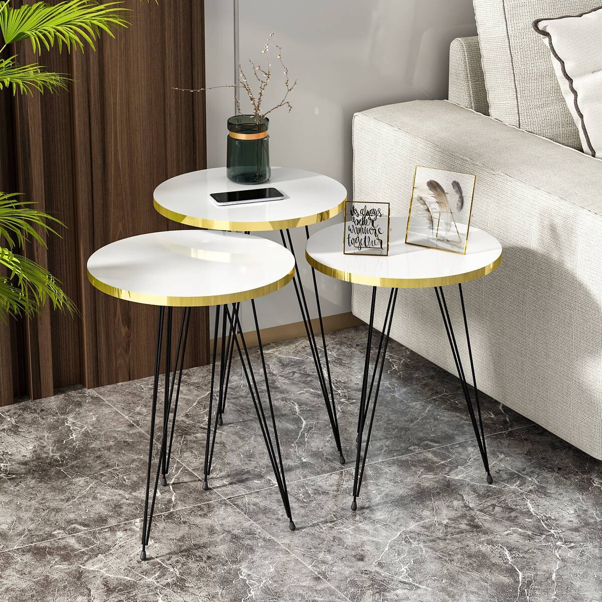 Beistelltisch 3er-Set. 21256290 weiß schwarz Metall B/H/T: ca. 38x53,5x38 cm