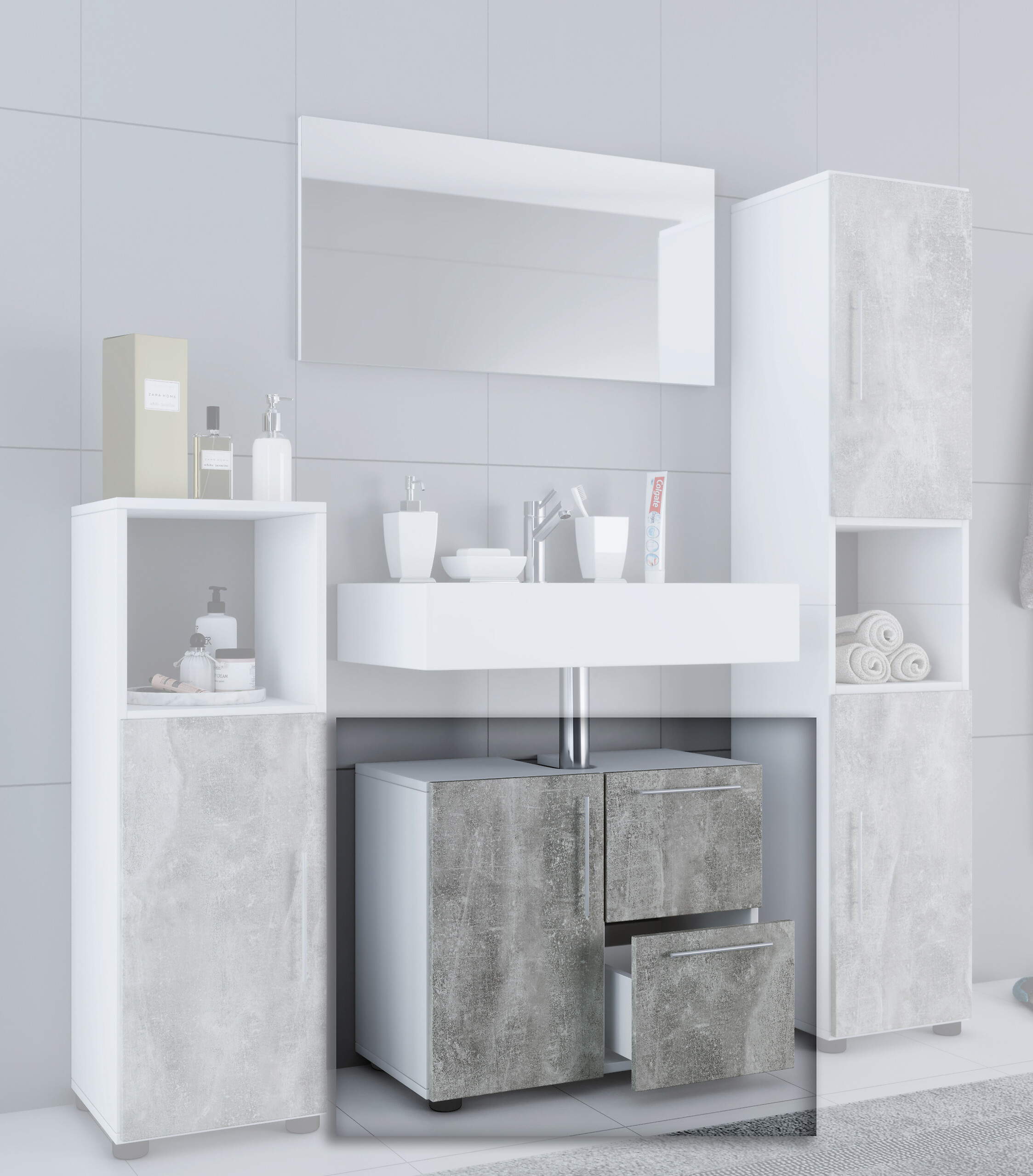 Badunterschrank Flandu Beton Optik weiß B/H/T: ca. 60x51x30 cm