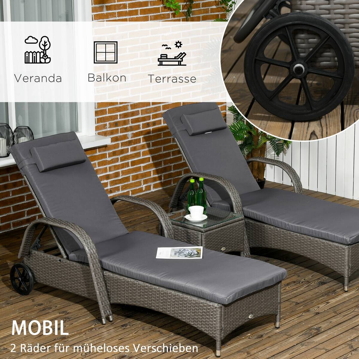 Outsunny Gartenliege 2er Set dunkelgrau Glas B/H/L: ca. 73x103x200 cm