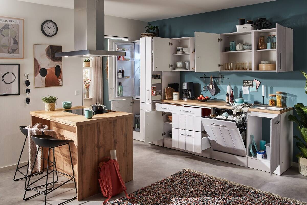 Respekta Inselküche Anton weiß Lärche Nachbildung B/H/T: ca. 310x211x60 cm