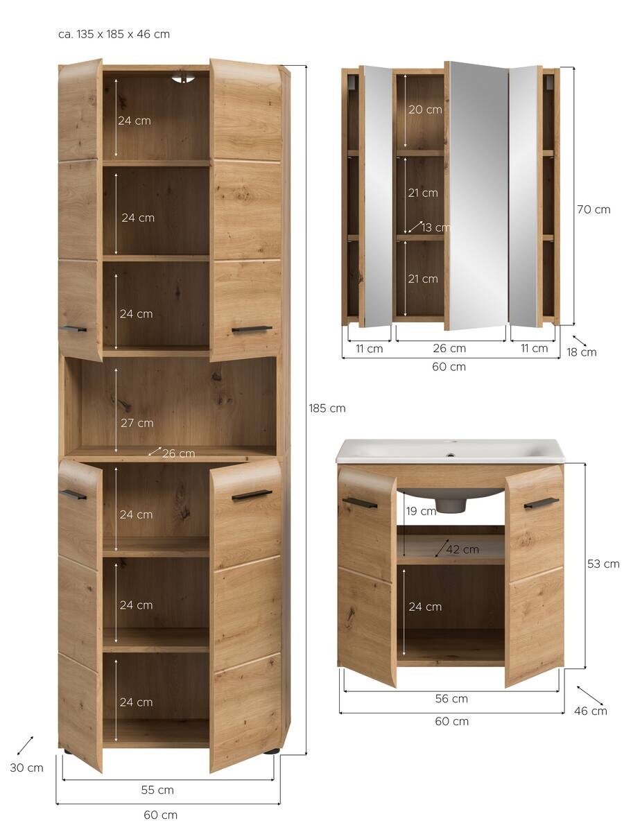 Badezimmer-Set Ice Artisan Oak Nachbildung B/H/T: ca. 135x185x46 cm