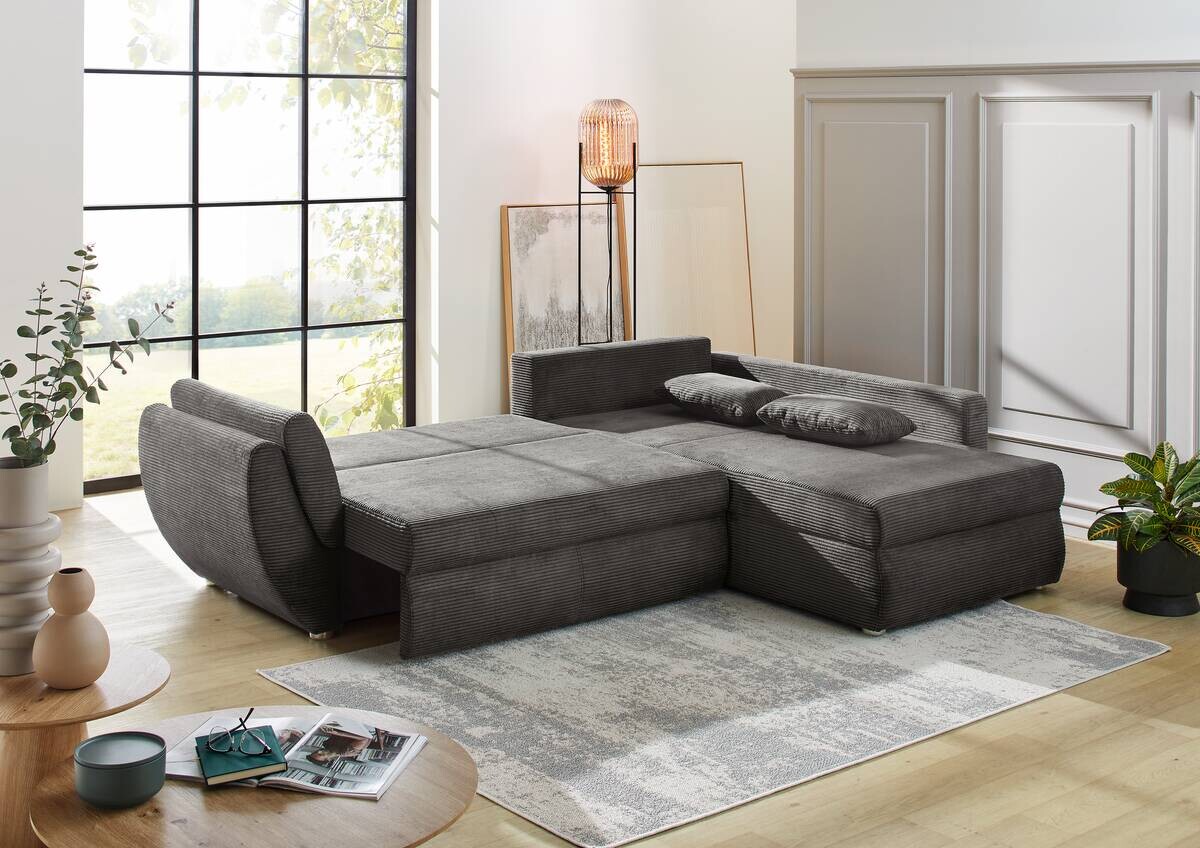 Ecksofa mit Bettfunktion und Bettkasten grau Microfaser B/H/T: ca. 272x88x200 cm