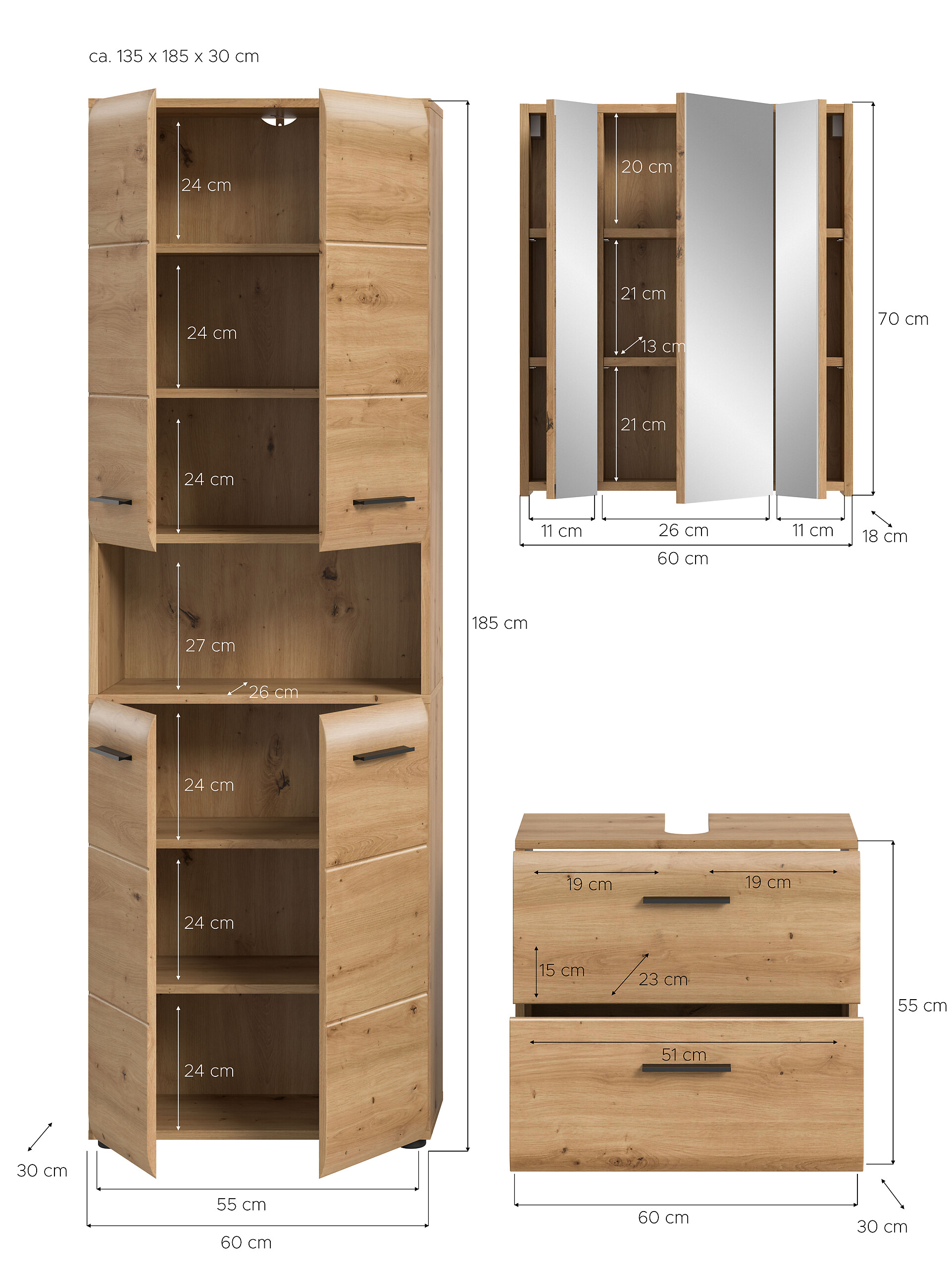 Badezimmer-Set Ice Artisan Oak Nachbildung B/H/T: ca. 135x185x30 cm