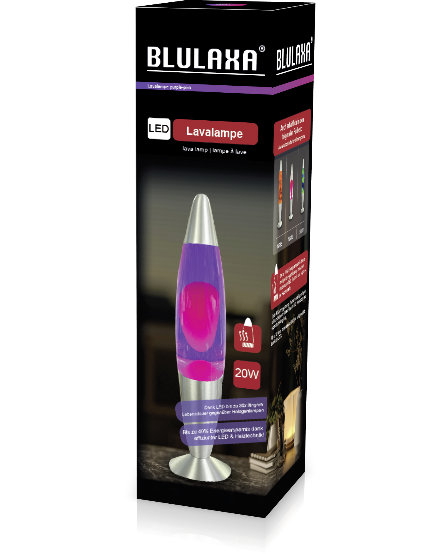 HWH LED-Lavalampe lila pink Aluminium Glas H/D: ca. 34x62 cm