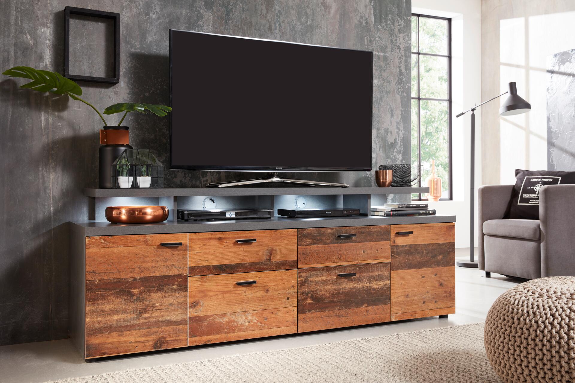TV-Lowboard Mood Old Wood Nachbildung Beton dunkel Optik B/H/T: ca. 180x65x44 cm