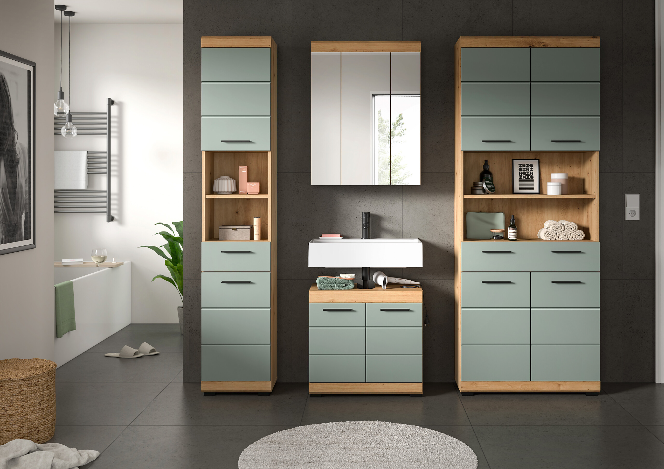 Badezimmer-Set Scout Eiche Artisan Nachbildung salbei Nachbildung B/H/T: ca. 186x191x34 cm Badezimmer-Set Scout Eiche Artisan Nachbildung salbei Nachbildung B/H/T: ca. 186x191x34 cm