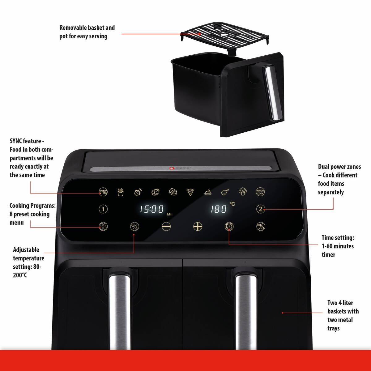 alpina Heißluftfritteuse 871125224012 schwarz Kunststoff B/H/L: ca. 38x36x32 cm ca. 8 l