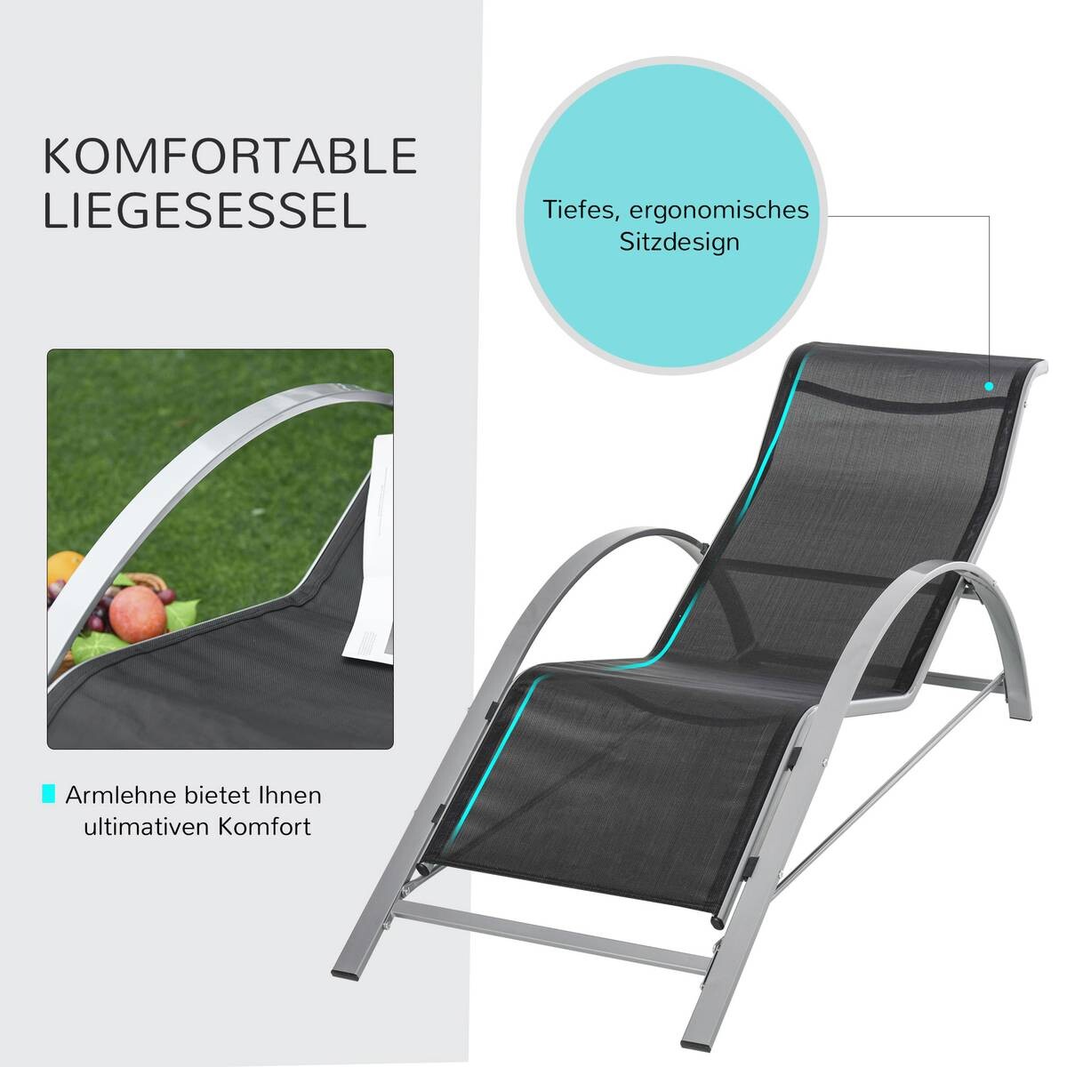 Outsunny Gartenliege-Set mit Tisch schwarz Metall B/H/T: ca. 59x66x169 cm