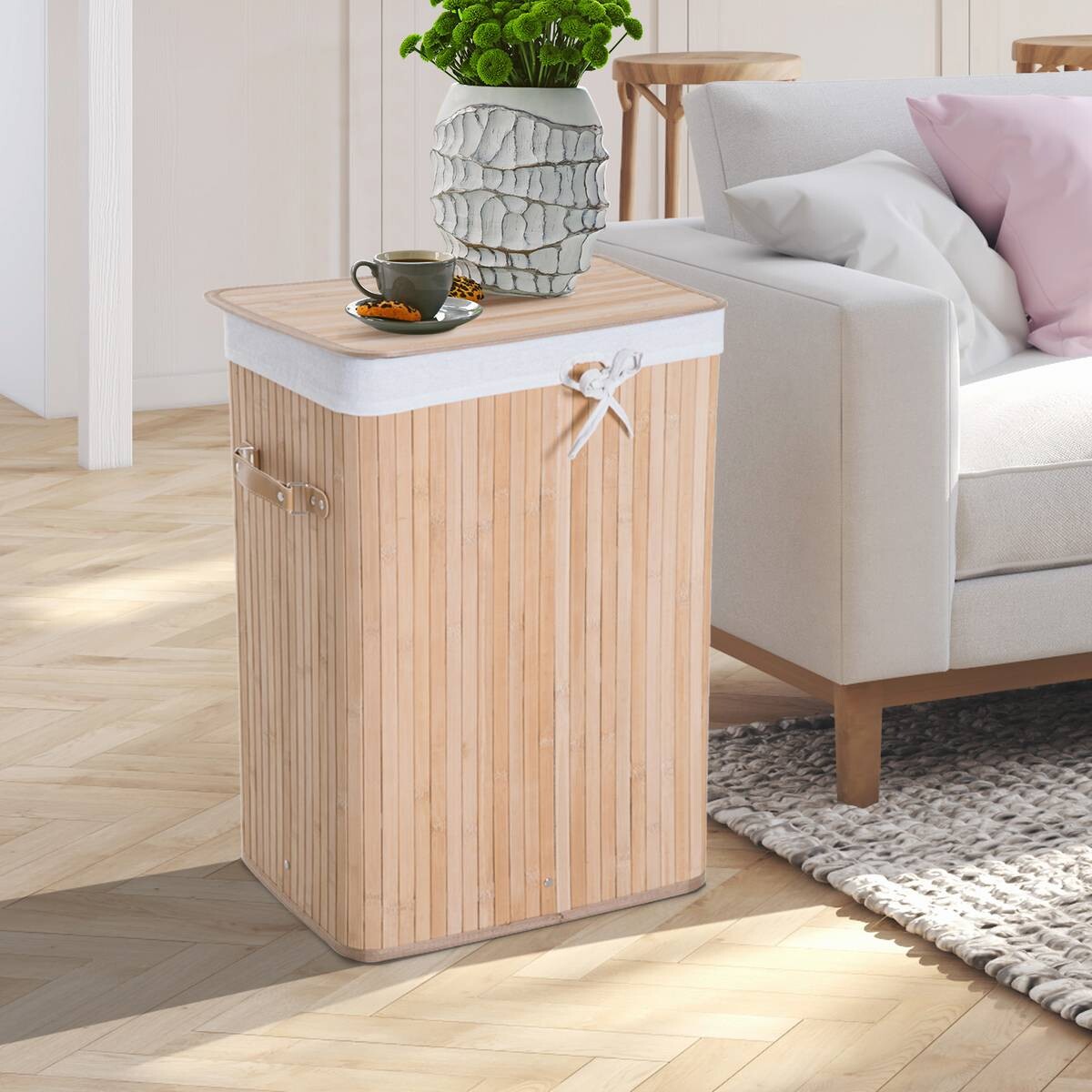 HOMCOM Wäschekorb mit 2 Tragegriffen natur Bambus Stoff Kunststoff B/H/L: ca. 30x60x40 cm