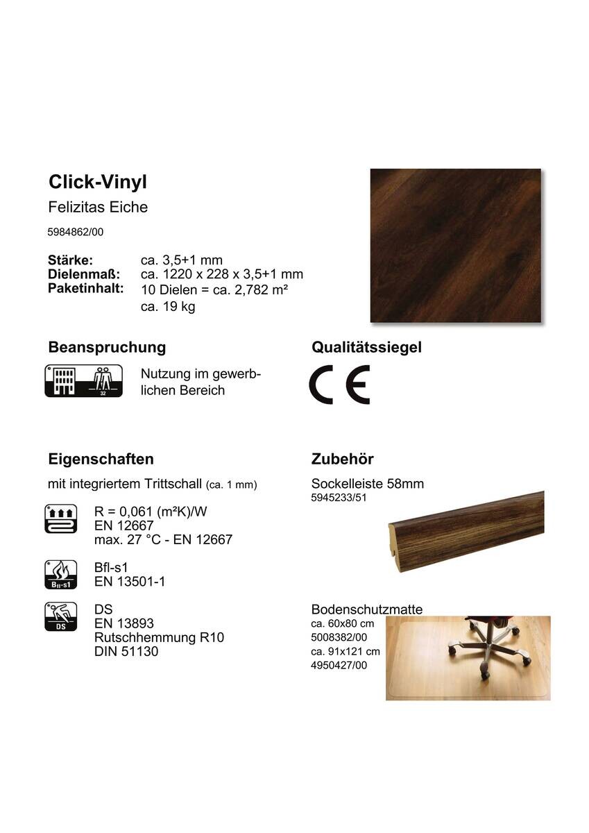 Click-Vinylboden Felizitas ca. 2,782 m² im Paket  B/L: ca. 22,8x122 cm pro Paket