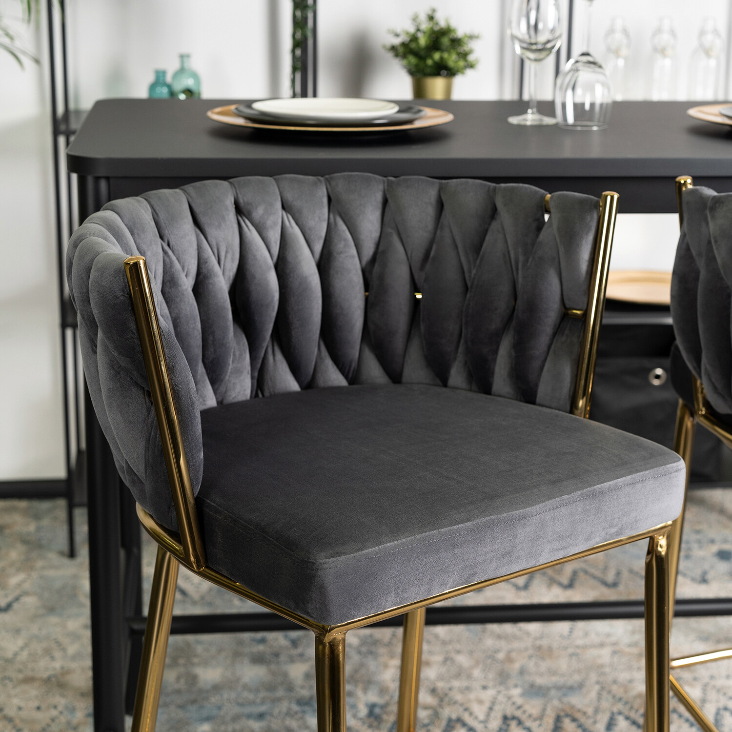 Barhocker FLORES grau Velourstoff B/H/T: ca. 60x104,5x56 cm