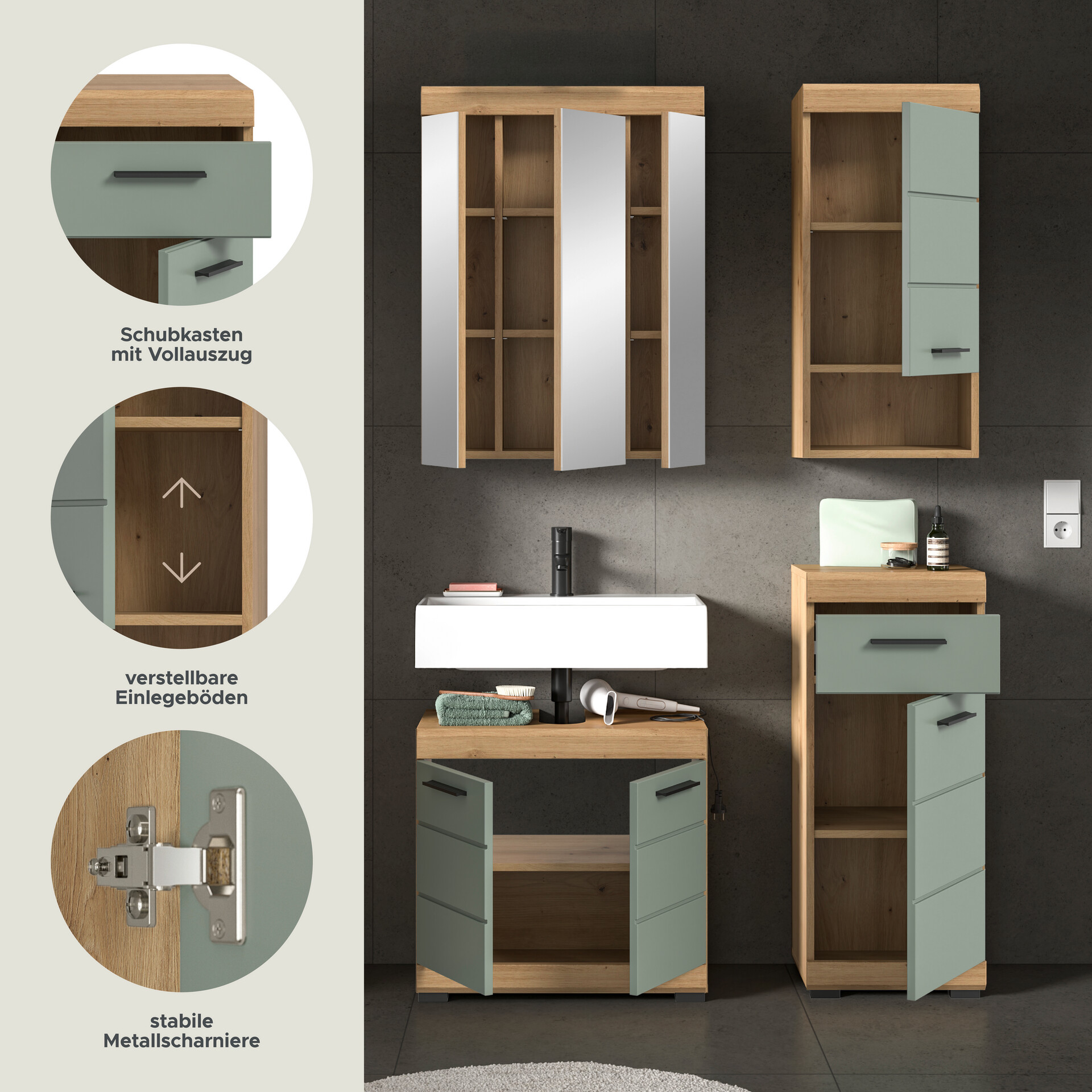 Badezimmer-Set Scout Eiche Artisan Nachbildung salbei Nachbildung B/H/T: ca. 112x191x34 cm
