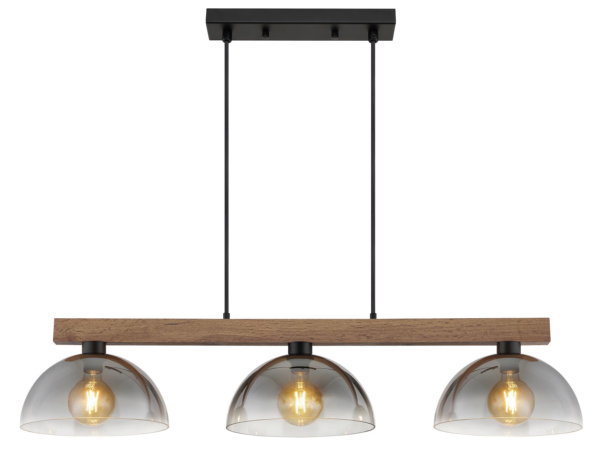GLOBO Hängeleuchte dunkelbraun mattschwarz Rauch Holz Metall Glas B/H/L: ca. 30x120x114 cm E27 3 Brennstellen