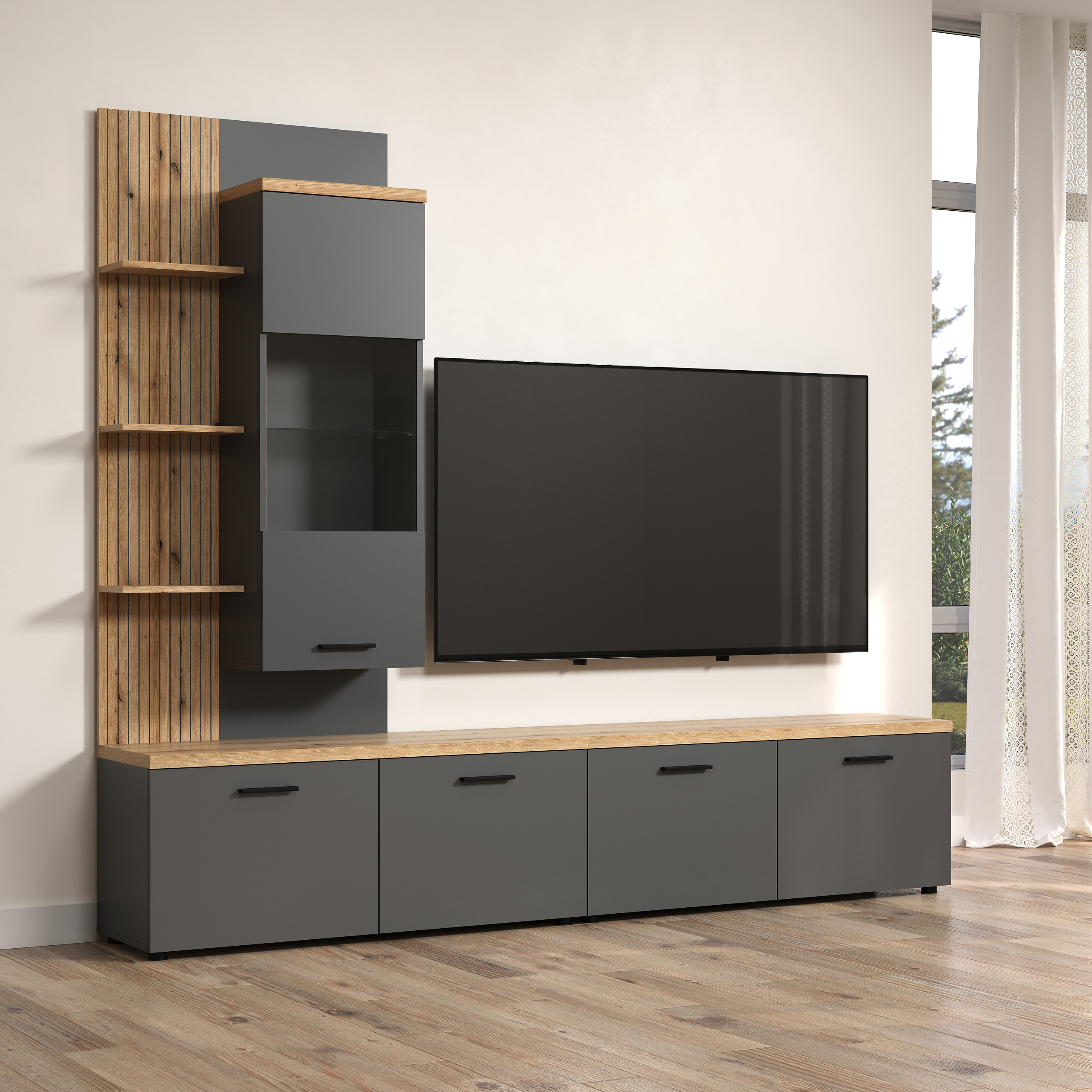 Wohnwand Baggio Eiche Evoke Coast Nachbildung anthrazit B/H/T: ca. 240x211x40 cm