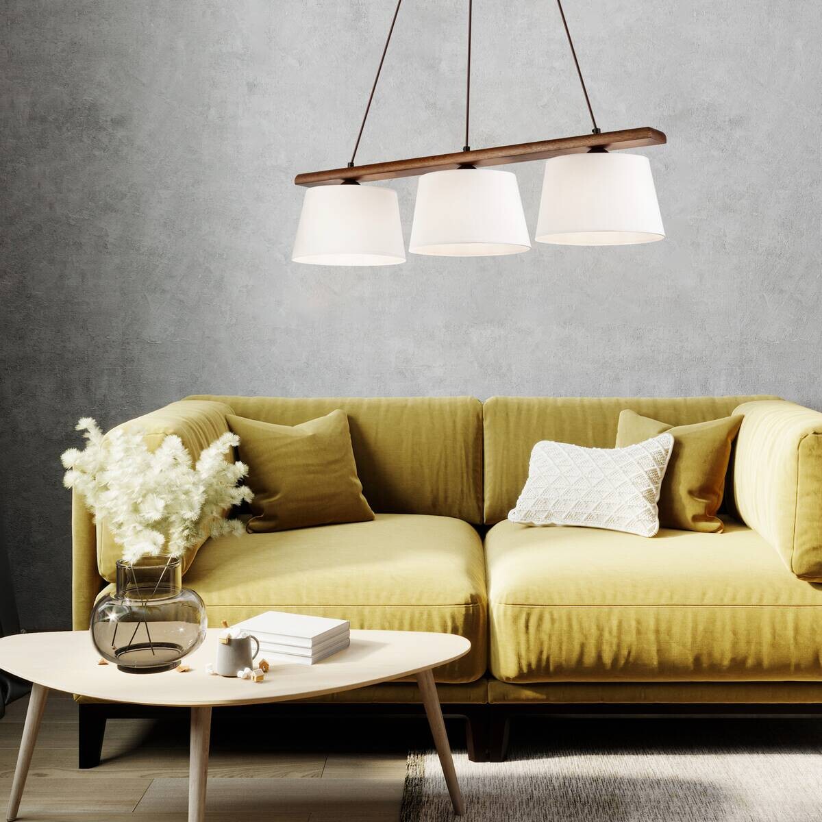 Lamkur Pendelleuchte AIDA 35185 Eiche Stoff Holz Stahl H/L: ca. 89x90 cm E27 3 Brennstellen