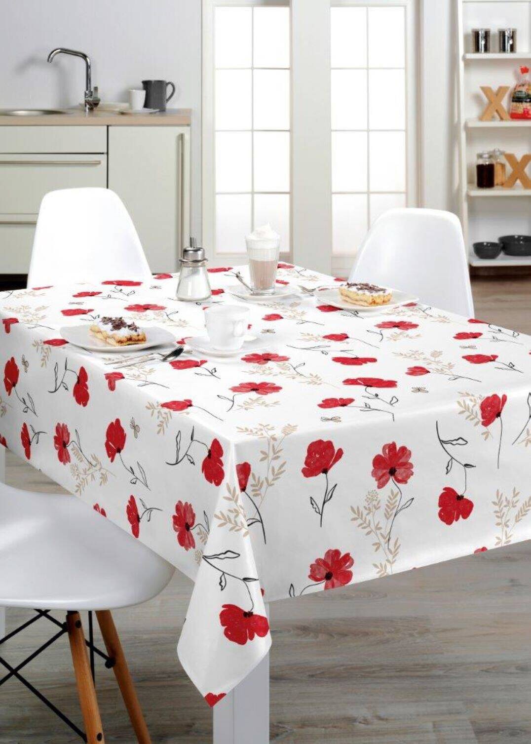 Milano Abwaschbarer Tischbelag Mohn Abstrakt weiß B: ca. 140 cm