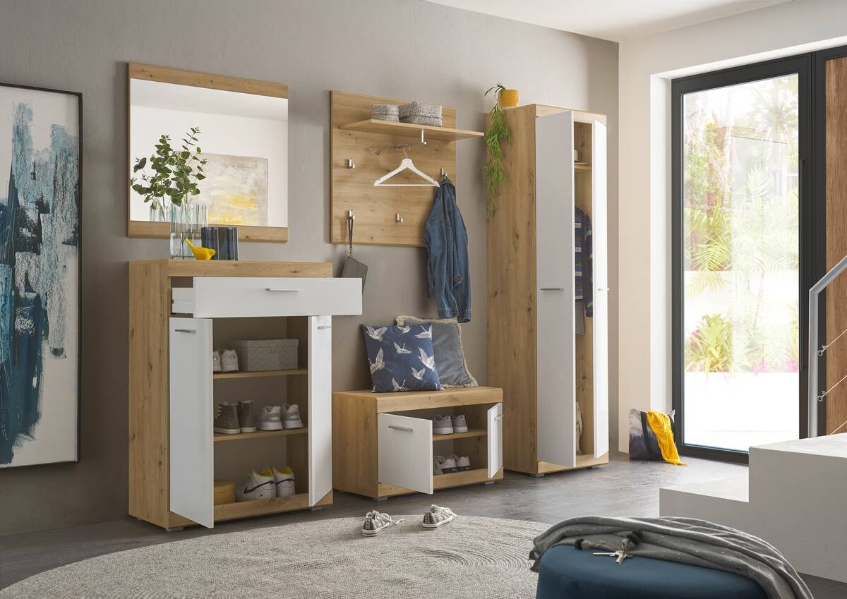 Garderobenschrank Nola Eiche Artisan Nachbildung weiß Hochglanz B/H/T: ca. 55x195x38 cm