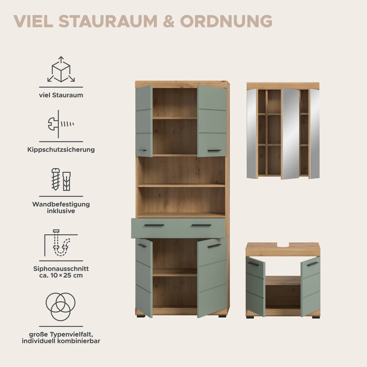 Badezimmer-Set Scout Eiche Artisan Nachbildung salbei Nachbildung B/H/T: ca. 149x34x191 cm