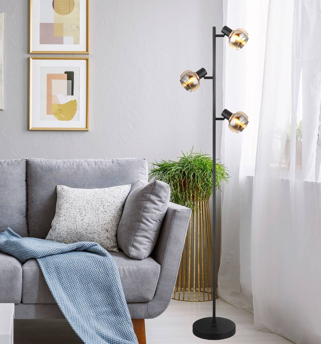 GLOBO Stehleuchte Rauch schwarz Glas Metall B/H/T: ca. 23x154x25 cm E14 3 Brennstellen