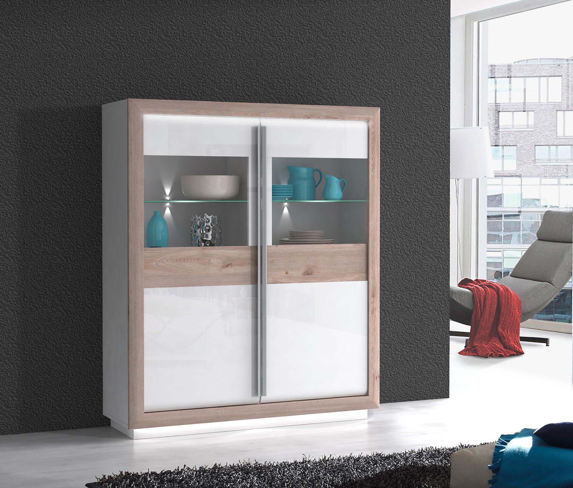 Vitrine  weiß Eiche Nelson Nachbildung weiß Hochglanz B/H/T: ca. 133x161,8x53 cm