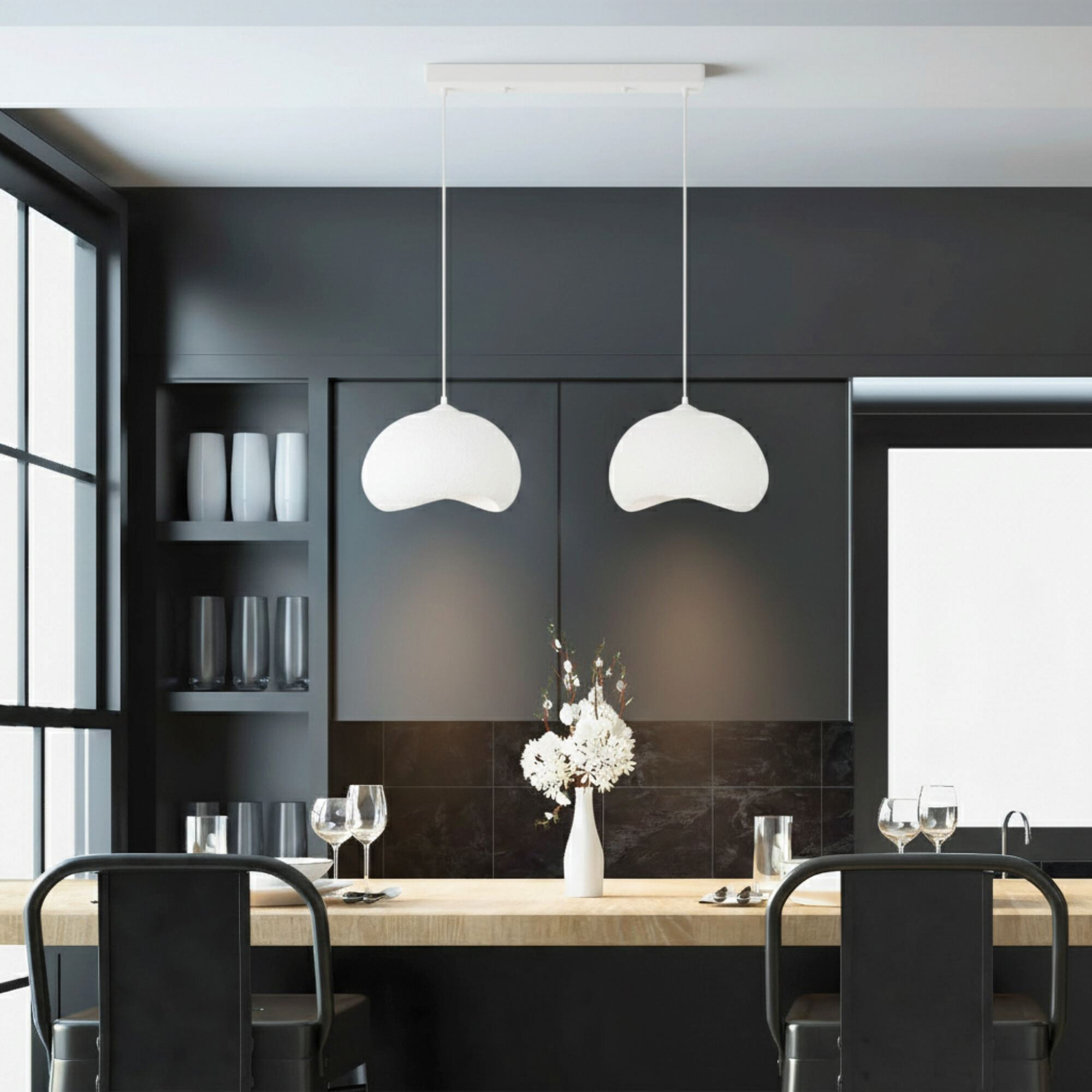 Opviq Pendelleuchte Yontu-15852-A weiß Metall Polyester-Mischgewebe B/H/L: ca. 29x120x34 cm E27 2 Brennstellen