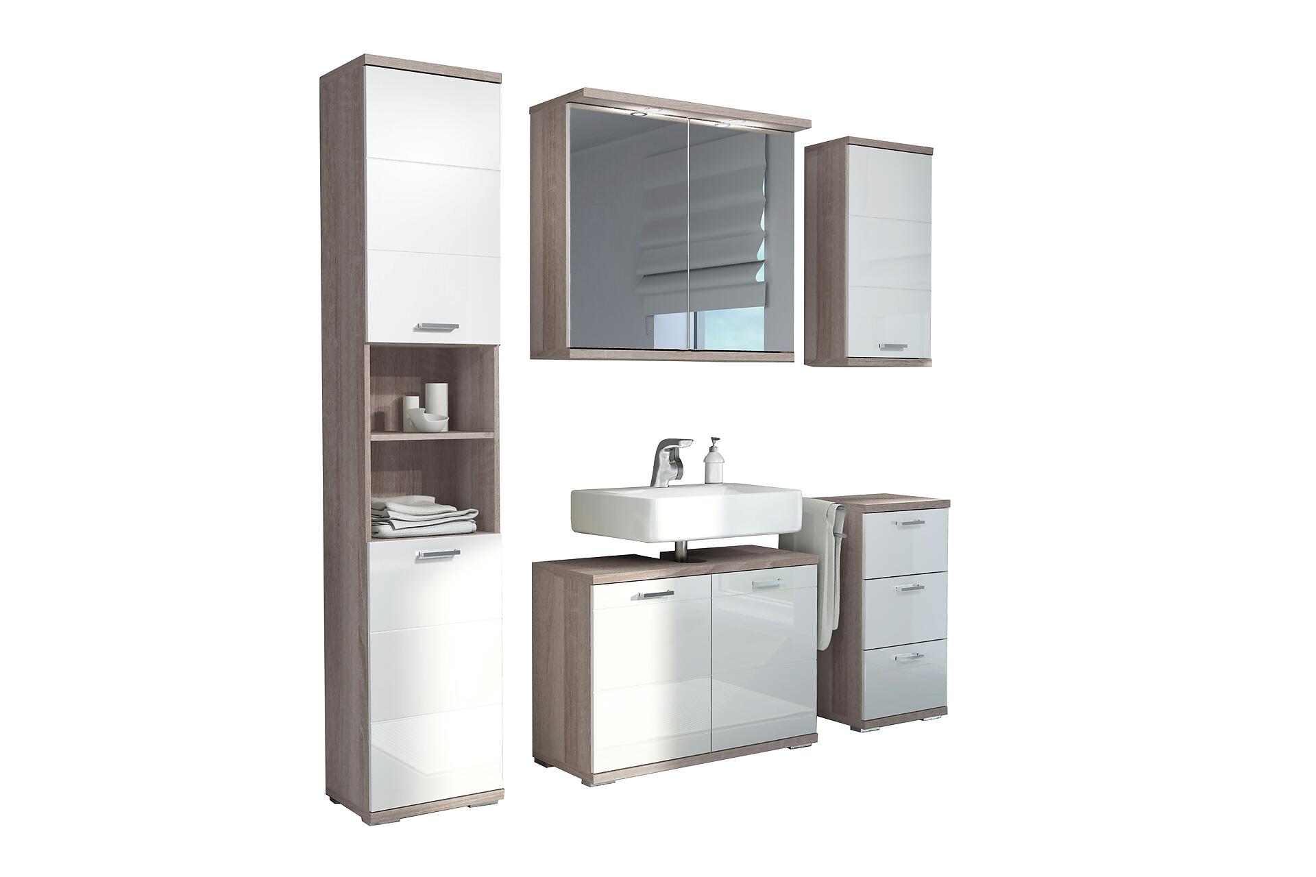 Waschbeckenunterschrank NEBRASKA Eiche Nachbildung weiß Hochglanz silber verchromt B/H/T: ca. 80x59x31,5 cm