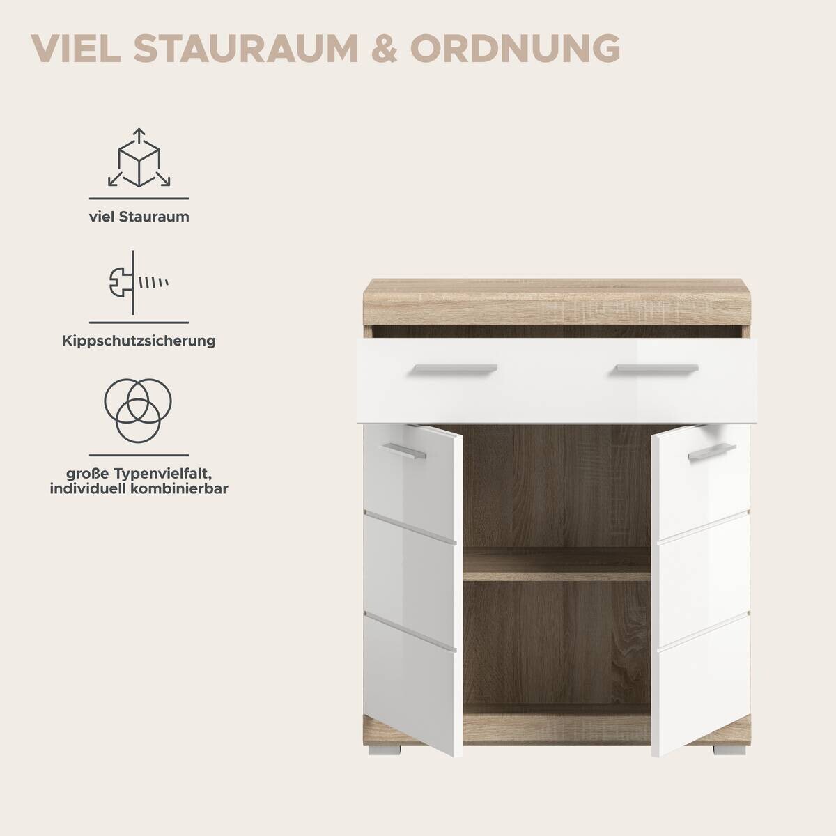 Schrank Lambada Eiche Sonoma Nachbildung weiß Hochglanz B/H/T: ca. 74x88x31 cm