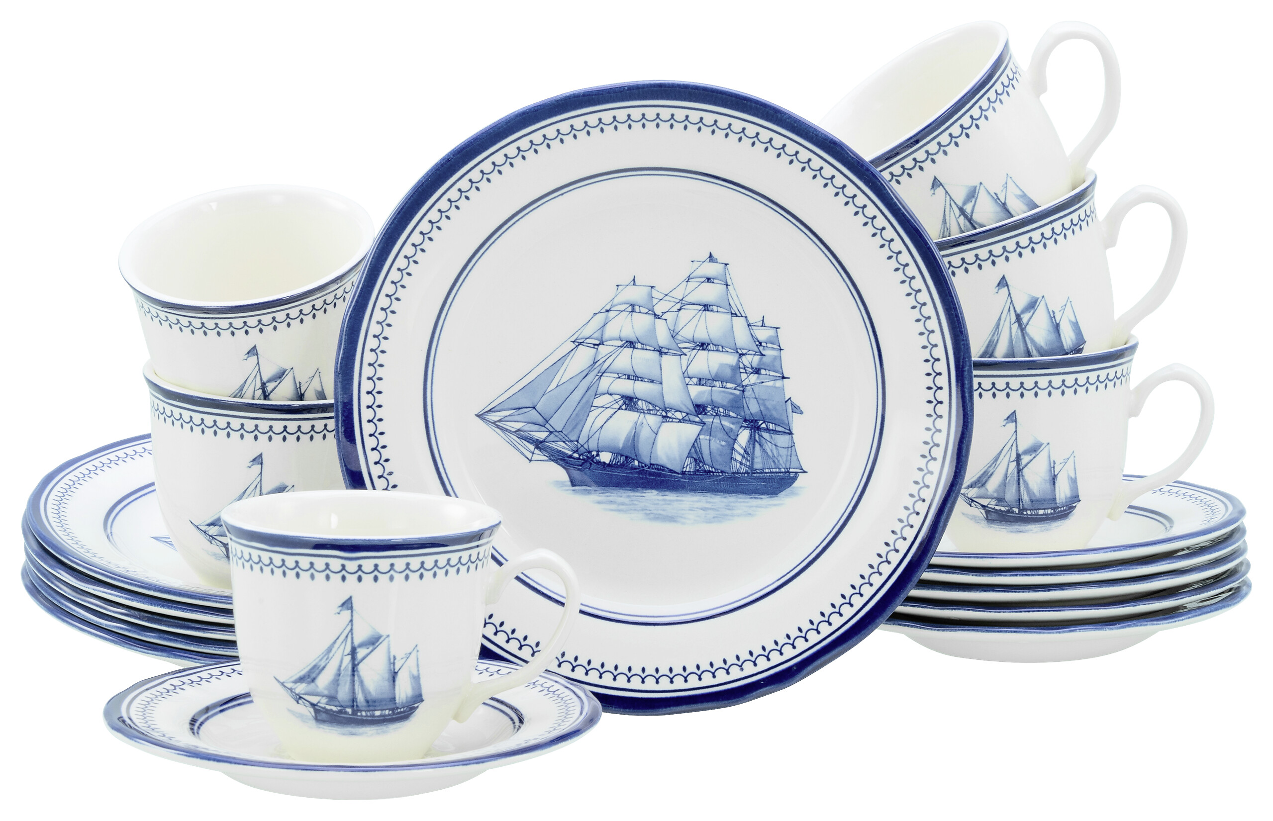 CreaTable Kaffeeservice Segelschiff blau Steingut 18 tlg.
