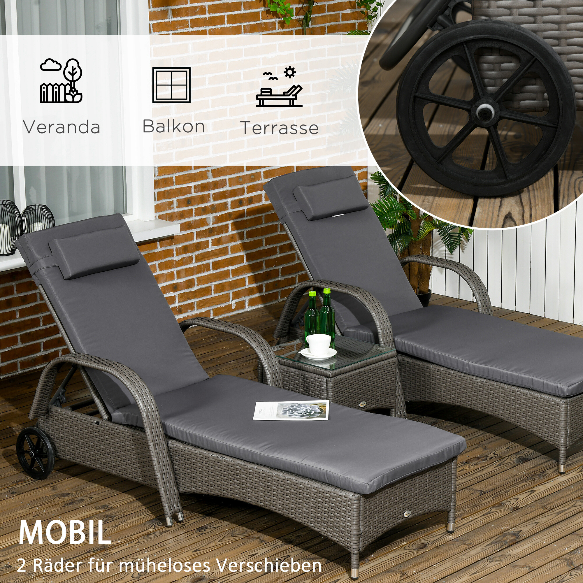 Outsunny Gartenliege 2er Set dunkelgrau Glas B/H/L: ca. 73x103x200 cm