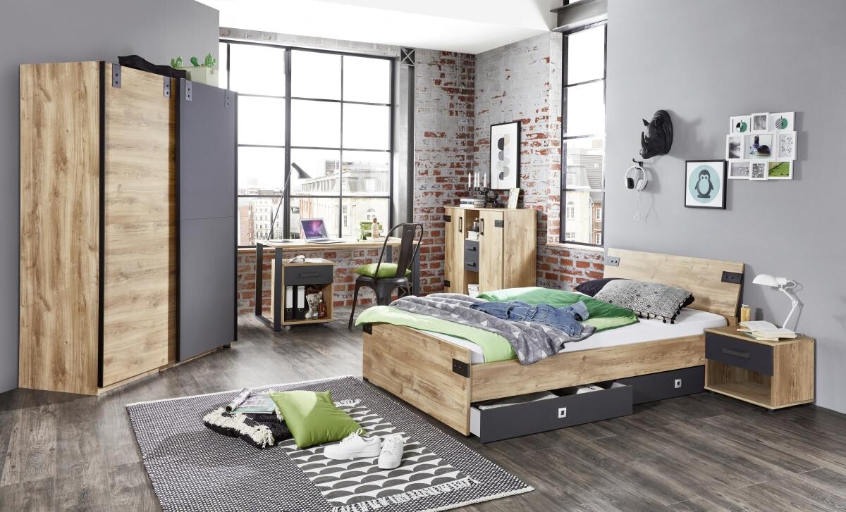 Bett Liverpool Eiche Plankeneiche Nachbildung Graphit B/T: ca. 120x200 cm