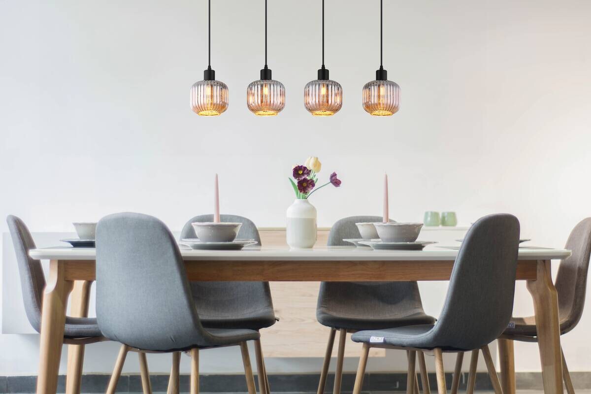 GLOBO Pendelleuchte Tom schwarz Rauch Metall Glas B/H/L: ca. 80,8x120x15 cm E14 4 Brennstellen