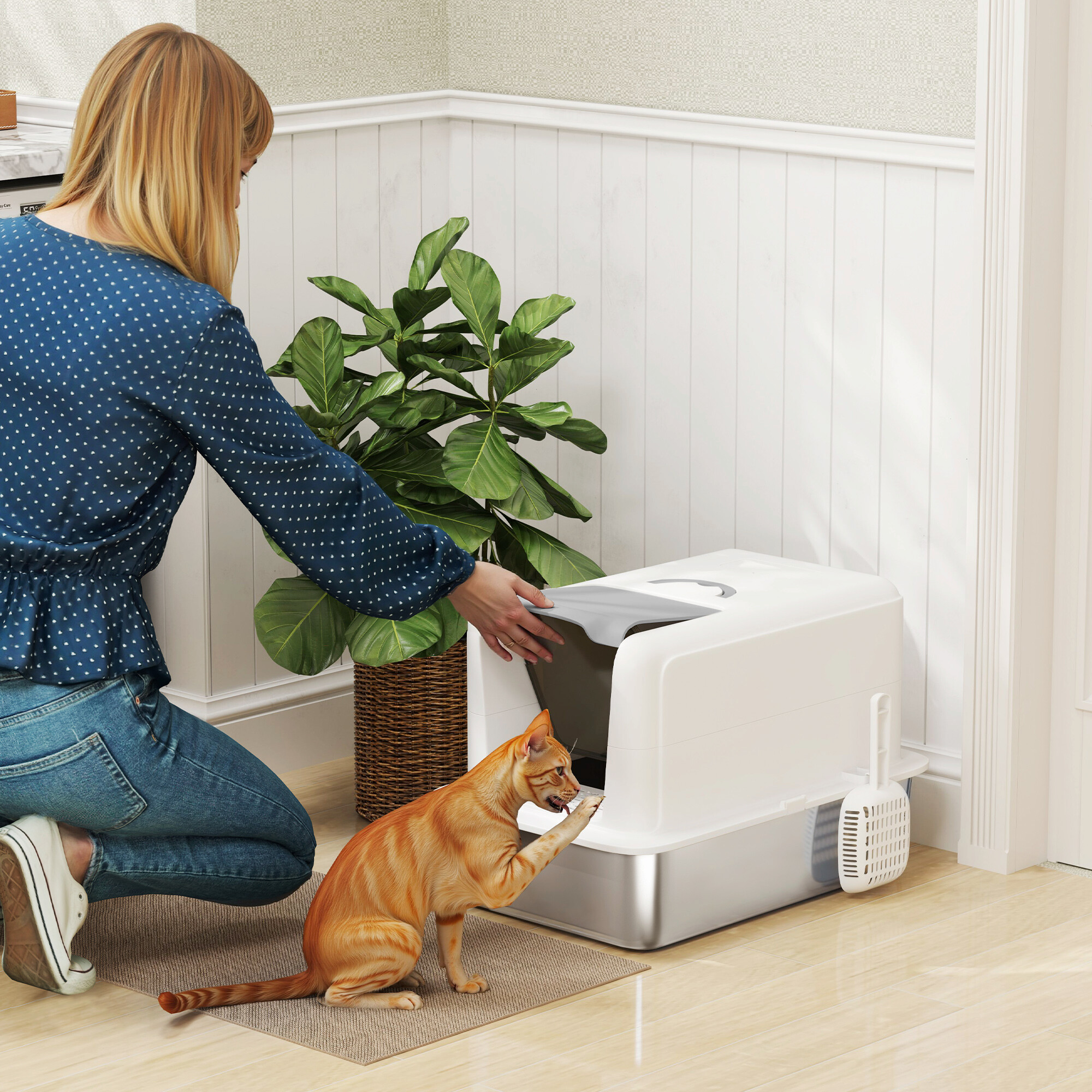 PawHut Katzentoilette weiß Edelstahl B/H/L: ca. 60,5x41,5x40,5 cm