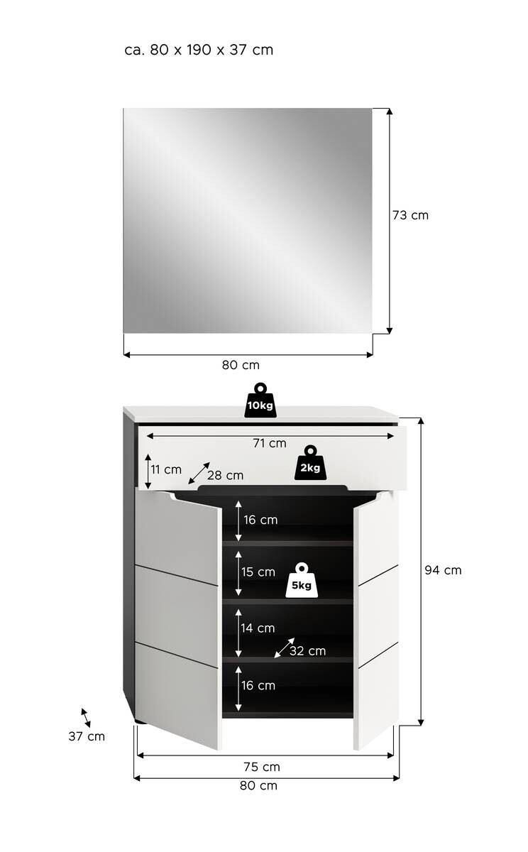 Garderobe Canu basaltgrau Nachbildung weiß B/H/T: ca. 80x190x37 cm