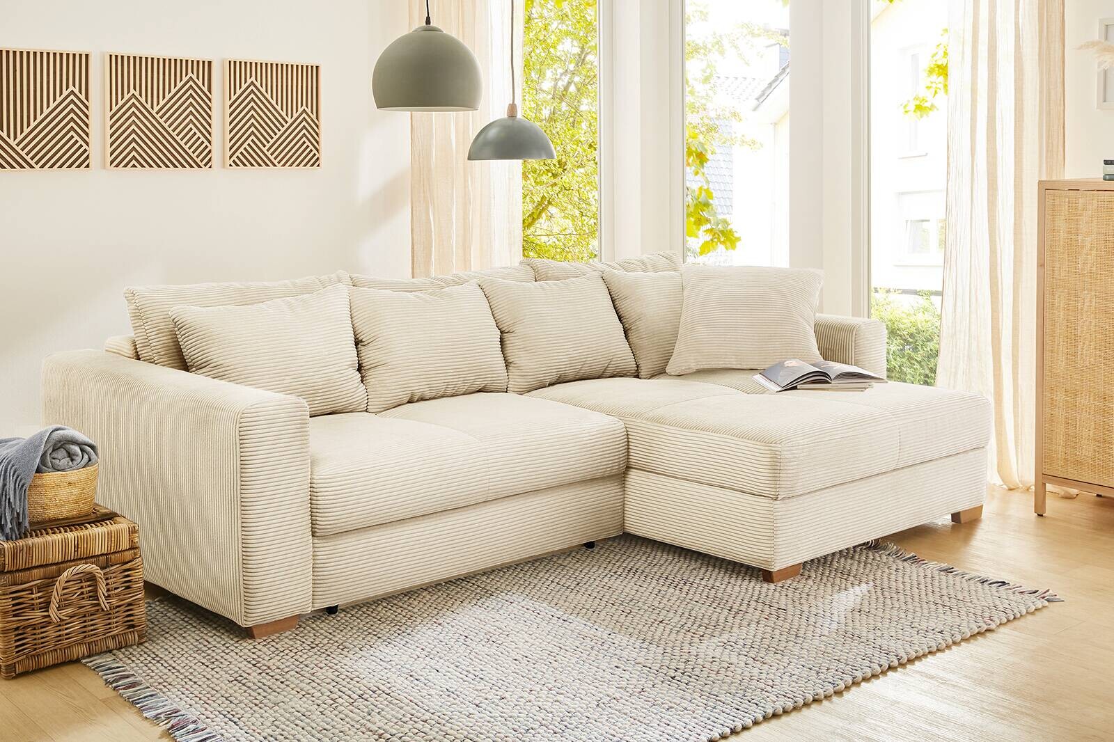 Ecksofa mit Bettfunktion und Bettkasten beige Velourstoff B/H/T: ca. 288x86x186 cm
