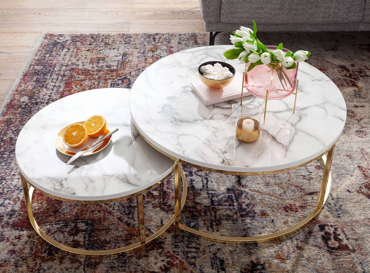 Wohnling Couchtisch 2er-Set weiß Marmor gold MDF Stahl