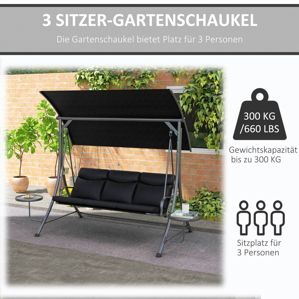 Outsunny Hollywoodschaukel schwarz Polyester B/H/L: ca. 135x177x278 cm