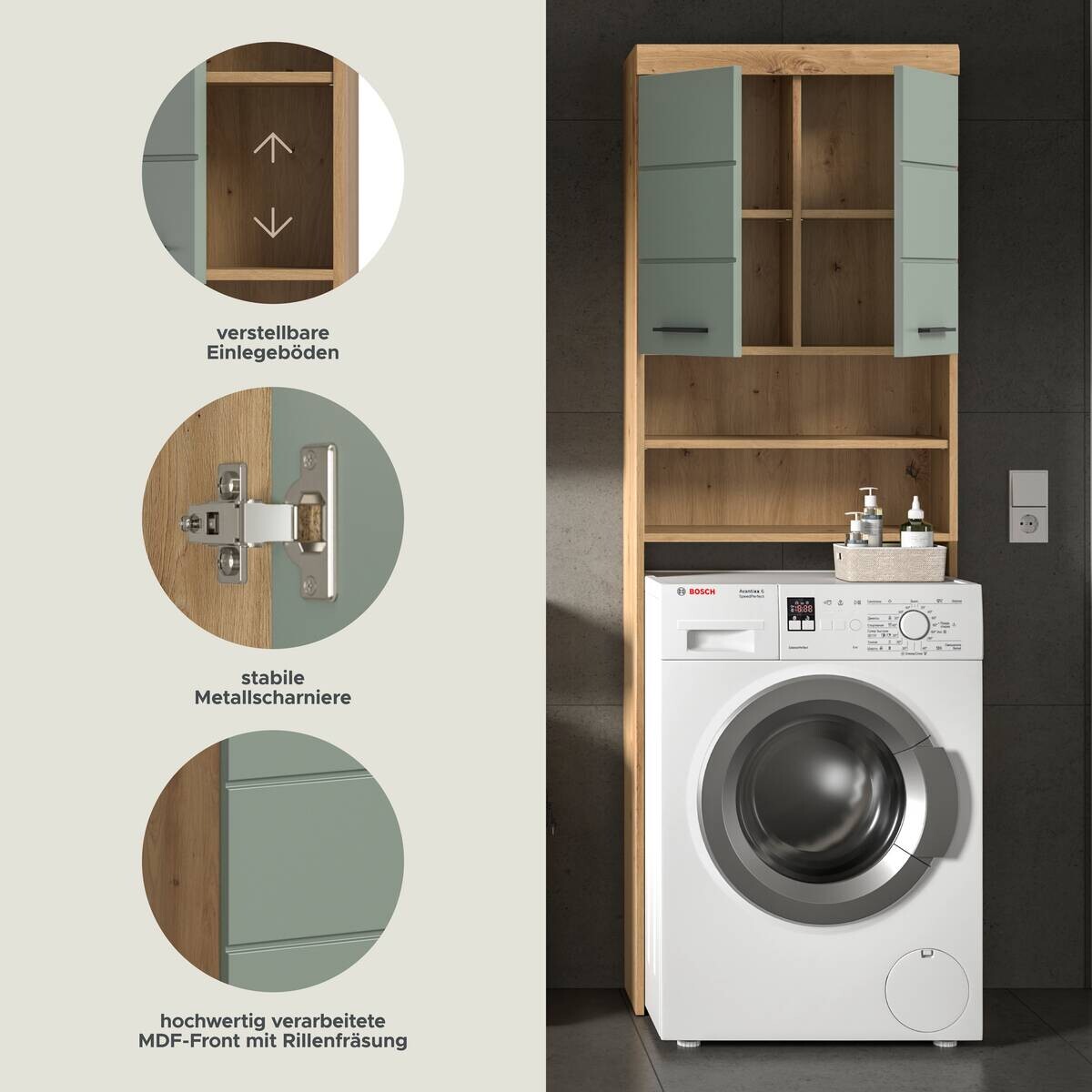 Waschmaschinenumbauschrank Scout Eiche Artisan Nachbildung salbei Nachbildung B/H/T: ca. 63x191x24 cm