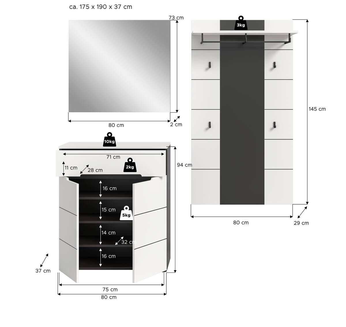 Garderobe Canu basaltgrau Nachbildung weiß B/H/T: ca. 175x190x37 cm