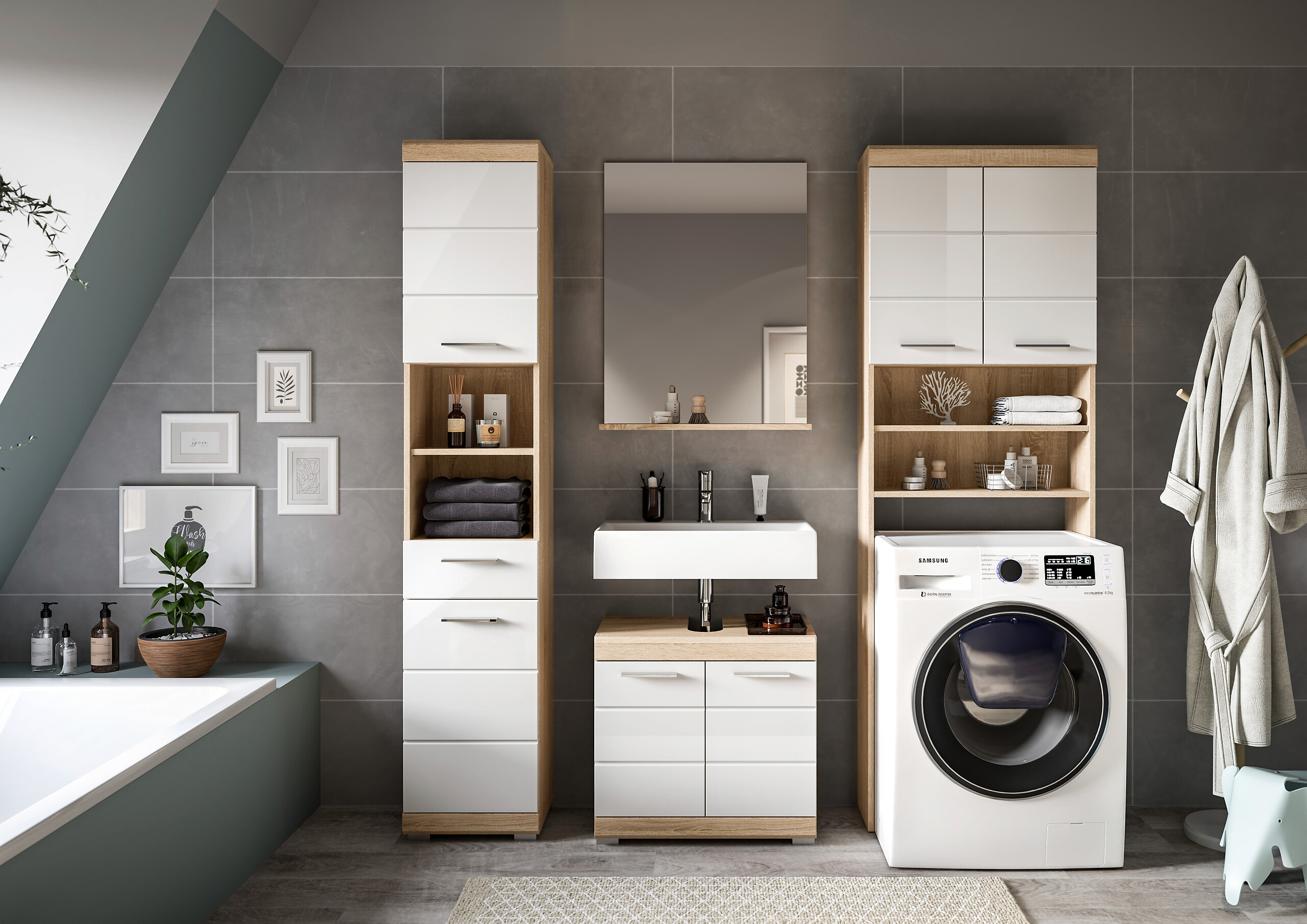 Badezimmer-Set Lambada Eiche Sonoma Nachbildung weiß Hochglanz B/H/T: ca. 190x191x34 cm