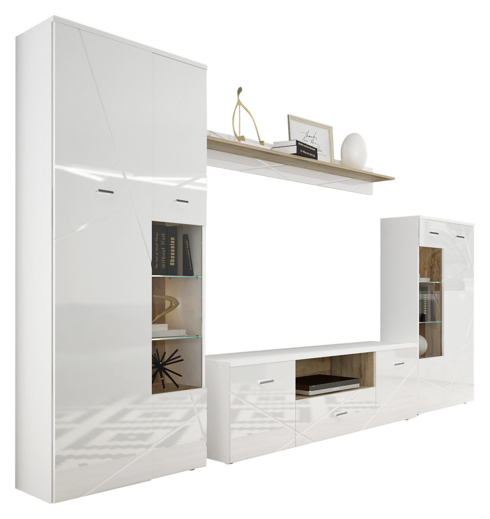 Wohnwand Storm weiß weiß Hochglanz Wildeiche Nachbildung B/H/T: ca. 340x196x40 cm Wohnwand Storm weiß weiß Hochglanz Wildeiche Nachbildung B/H/T: ca. 340x196x40 cm