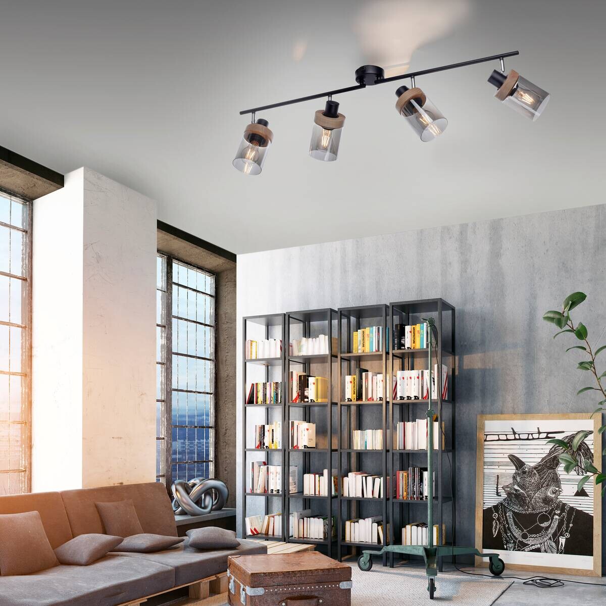 Just Light Spot Pasqual schwarz Rauch Metall Glas B/H/L: ca. 110x25x114 cm E27 4 Brennstellen